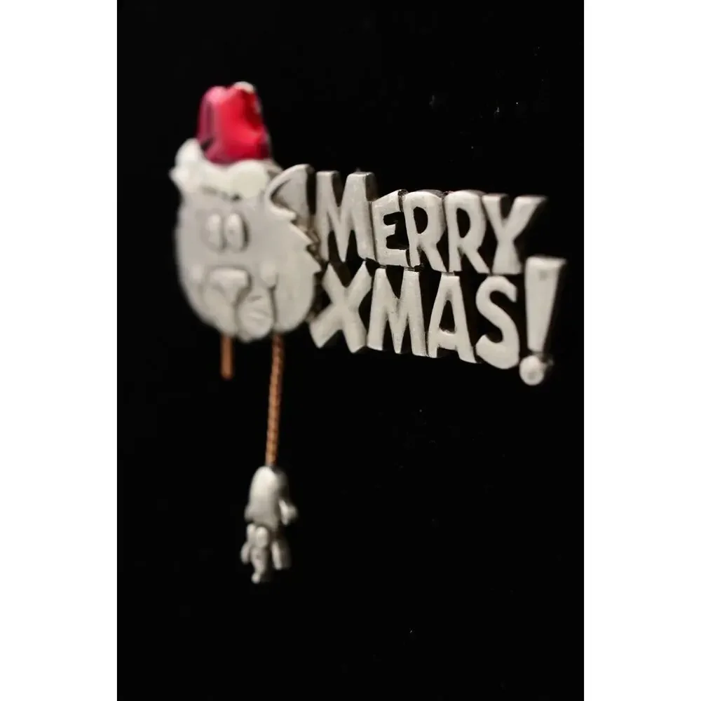 JJ Vintage Christmas Cat Mouse Pin Brooch Merry Santa Enamel Signed 1980s BinAT